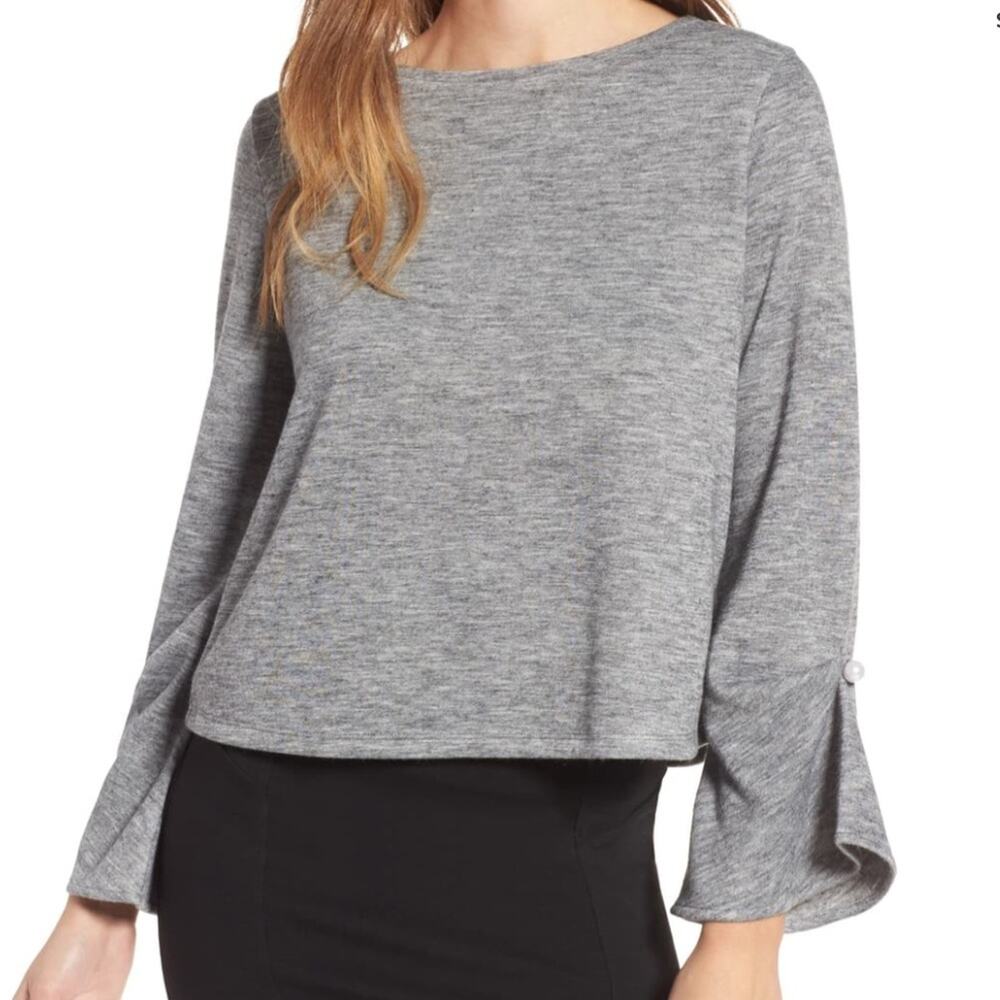 LEITH Imitation Pearl Detail Statement Sleeve Knit Top Size S